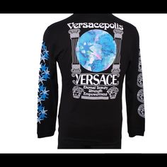 Versace Versacepolis Graphic Long Sleeve T-Shirt In Black Branded “Versace” Detail At Chest With Iconic Medusa Logo Down The Left Sleeve And Starfish Motif Down The Right Sleeve “Versacepolis” At Back With Sea-Themed Graphic And “Versace” Below Crafted From 100% Cotton And Finished With A Comfortable Ribbed Crew Neckline And Cuffs Luxury Graphic Print Tops For Streetwear, Luxury Black Top With Graphic Print, Luxury Fitted Tops With Graphic Print, Luxury Long Sleeve Tops For Streetwear, Luxury Black Shirt With Graphic Print, Luxury Long Sleeve Shirt With Graphic Print, Designer Long Sleeve Tops With Logo Print, Versace Shirts, Blue Black