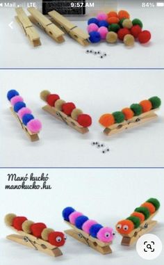 the instructions for how to make a wooden toy caterpillar with colored felt balls