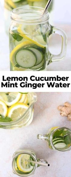 lemon cucumber mint ginger water in mason jars with sliced lemons and ginger