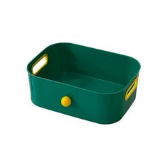 a green plastic tray with yellow handles on the bottom and two holes in the middle