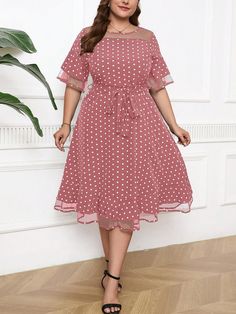 Plus Size Elegant Mesh Patchwork Polka Dot Print Fall Women  Dress Pink Casual  Short Sleeve Woven Fabric Colorblock,Geometric,Polka Dot,All Over Print A Line Non-Stretch  Women Plus Clothing, size features are:Bust: ,Length: ,Sleeve Length: Polka Dot Patchwork Dress For Party, Polka Dot Patchwork Party Dress, Party Polka Dot Patchwork Dress, Casual Polka Dot Patchwork Dress, Summer Polka Dot Patchwork Dresses, Plus Size Short Dresses, Shein Plus Size, Plus Size Summer Casual, Plus Size Elegant