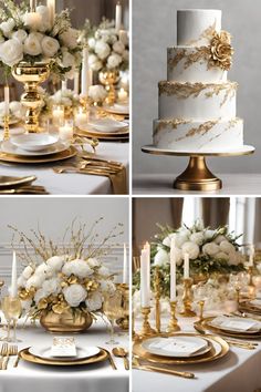 wedding cake with white flowers and gold accents on the top, surrounded by candles and plates