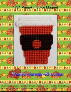 an orange and black cup with a pumpkin on it is featured in this knitting pattern