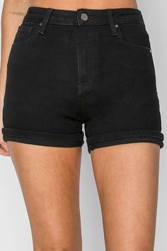 Risen brand denim shorts in black with a cuffed bottom hem. Zip fly Traditional 5 pocket styling Rise: 10.75” Inseam: 4.5” Fabric: 64.8% Cotton 29.8% Polyester 3.6% Rayon 1.8% Spandex Brand: Risen Jeans (RDS6101 black) Sweater Maxi Dress, Cuffed Denim Shorts, Cuffed Shorts, Skirt Leggings, Short Sleeved Sweaters, Sweater Blouse, Clothing Co, Dresses With Leggings, Hat Hairstyles