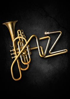 an image of a french horn on a black background with the word jazz written in gold