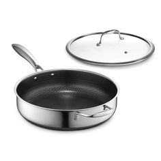 two pots and pans are shown on a white background, one has an empty lid