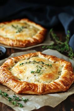 two baked pies sitting on top of parchment paper next to each other with herbs