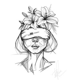 a drawing of a woman with flowers on her head