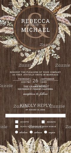 the rustic wedding program is displayed on a wooden background with an ornate frame and floral design