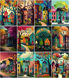 many different houses and trees are depicted in this painting