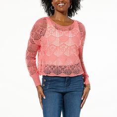 TWRHLL by Christie Brinkley Crochet Sweater   Revamp your wardrobe with a crochet sweater top inspired by seashells. Try it on or off the shoulder for versatility. For a chic piece that seamlessly transitions from weekend casual to the beach, look no further. Crochet Sweater Top, Christie Brinkley, Beach Look, Crochet Sweater, Try It, Unique Fashion, All Fashion, Sweater Top, Fashion Clothes Women