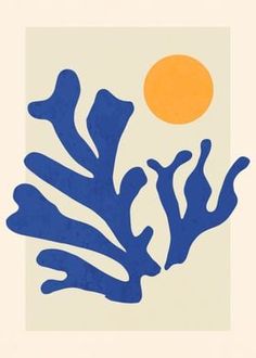 an image of blue corals on white paper with orange sun in the background by corbi