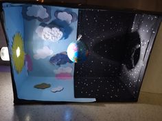 an open box with clouds, stars and planets on the inside is sitting on a table