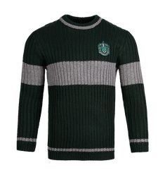 a sweater with a green and grey stripe on the front, black and white stripes