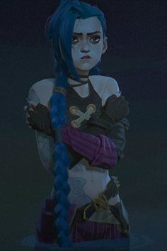 a woman with blue hair and tattoos standing next to a dark background, wearing gloves