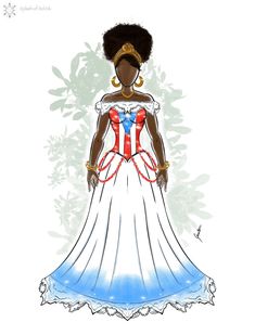 a drawing of a woman in a white dress with an american flag on her chest