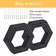 two black hexagonal blocks with screws on each side and the words easy to install