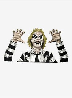 a creepy clown holding up his hands in front of a white sign with black and white stripes