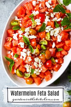 watermelon feta salad in a white bowl