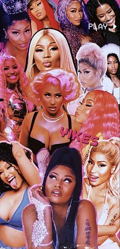 the poster for nickie's girls is shown in pink and black colors, with many