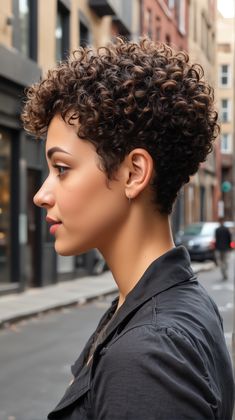 A tapered curly pixie features a gradual fade from longer curls on top to shorter hair on the sides and back. This cut adds dimension and structure to your hairstyle, creating a modern and edgy look. It’s especially flattering for women with thicker curls, as it helps manage volume while still showcasing the natural texture. Curly Pixie With Undercut, Short Hair With Volume, Short 3c Curly Hair Pixie Cuts, Short Natural Curls, Haircut For Face Shape, Short Permed Hair, Curly Hair Fade