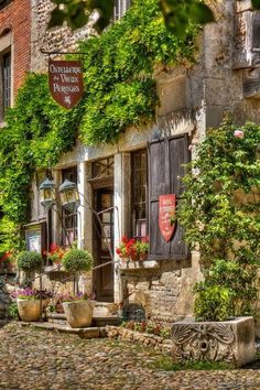 a cobblestone street in front of a building with ivy growing on the windows