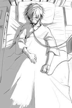 a black and white drawing of a person laying in bed