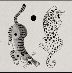 two black and white drawings of cats playing with a ball on the ground in front of them