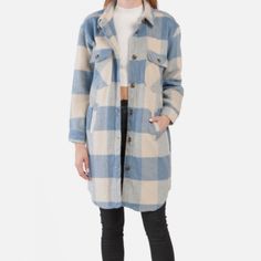 Blank Nyc Blue Ivory Buffalo Check Brushed Long Shacket Brand New With Tags Retails For $178 Size: Xs Color: Blue & Ivory Bust: 42” Length: 36” (Shoulder To Hem) Sleeve Length: 20” (Shoulder To Cuff) Thanks For Browsing! Blue Winter Shacket With Pockets, Blue Shacket With Button Closure For Spring, Blue Spring Shacket With Button Closure, Spring Blue Shacket With Button Closure, Trendy Blue Shacket For Winter, Blue Long Sleeve Shacket For Spring, Trendy Blue Winter Shacket, Chic Blue Cotton Outerwear, Shacket Women