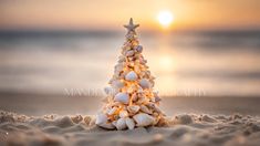 a small christmas tree made out of seashells on the beach at sunset or sunrise