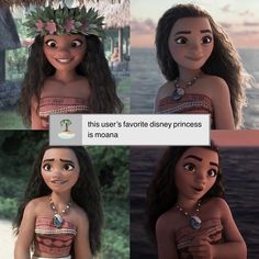 an animated image of a woman with flowers in her hair, and the caption that says, this user's favorite disney princess is moana