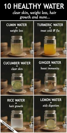 10 HEALTHY WATER RECIPES Healthy Water Recipes, Healthy Water Drinks, Motivasi Diet, Turmeric Water, Ginger Water, Cucumber Water, Baking Soda Beauty Uses