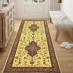 a large yellow rug is in the middle of a room with white walls and wooden floors