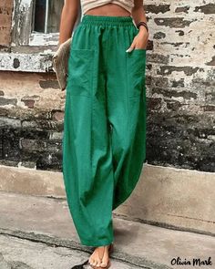 Olivia Mark - Slim Fit Casual Harem Pants with Pocket Design Harem Pants Women, Pink Olive, Vintage Trousers, Solid Color Pants, Long Trousers, Peacock Green, Type Of Pants, Aaliyah, Odessa