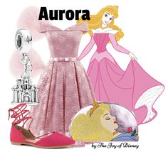 a pink dress and shoes with the words aurora on it, next to an image of princess aurora