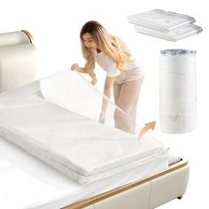 the woman is packing her mattress with clear sheets