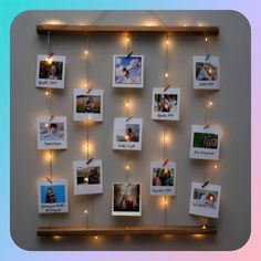 a wall hanging with pictures and lights on it