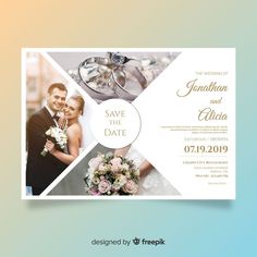 a wedding card with an image of two rings and flowers on the front, in gold foil