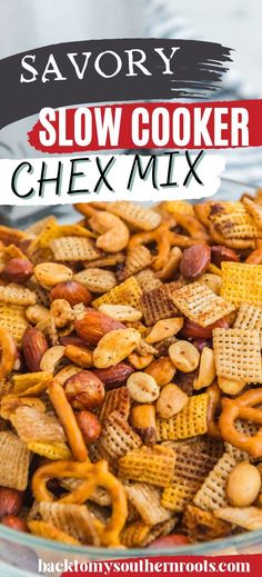 a bowl full of chex mix with the title saying savory slow cooker chex mix