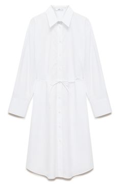 Show up for your next casual office occasion or weekend outing in this crisp shirtdress that has a slender tie to define the waist. Front button closure Point collar Long sleeves with button cuffs Removable waist tie Unlined , 50% cottonlyocell50% Machine wash, line dry Imported Plain White Gown, Mango Shorts, White Gowns, Casual Office, White Shirt Dress, Long Sleeve Midi, White Tie, Office Casual, Long Sleeve Shirt Dress