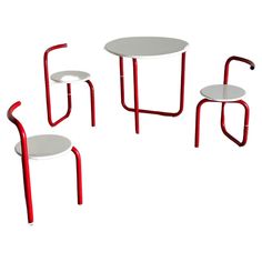 three red and white tables sitting next to each other