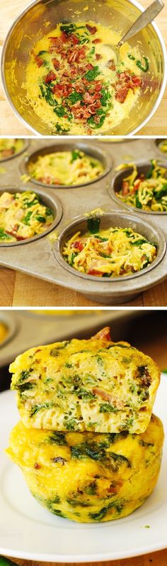 three different pictures of eggs in muffin tins and one with spinach on top