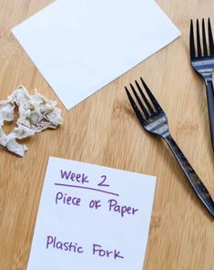 a piece of paper next to a fork and knife