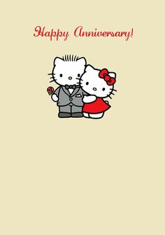 two hello kitty are standing next to each other in front of a happy anniversary card