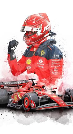 a painting of a man in a racing suit holding his fist up to the side