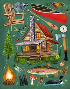 a painting of a cabin surrounded by various items including a kayak, fish, and other things