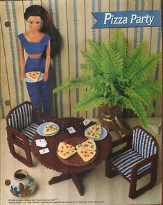 the doll is eating pizza at the table