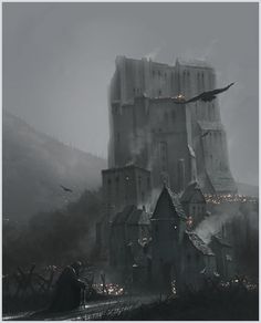 an image of a fantasy castle in the middle of the night with birds flying over it