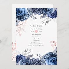 a wedding card with blue and pink flowers