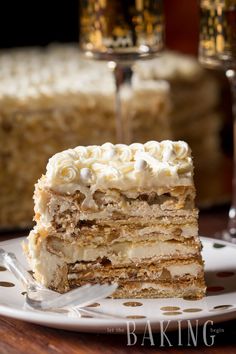 Markiza Cake (Marquise Cake) - Shortbread cake layers topped with crunchy meringue and walnuts, then sandwiched with Russian Buttercream. Markiza Cake, Russian Buttercream, Wafer Cake, Shortbread Cake, Hazelnut Meringue, Russian Cakes, Cake Layers, A Piece Of Cake, Piece Of Cake